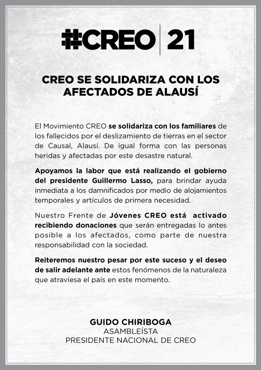 CREO se solidariza con los afectados de Alausí