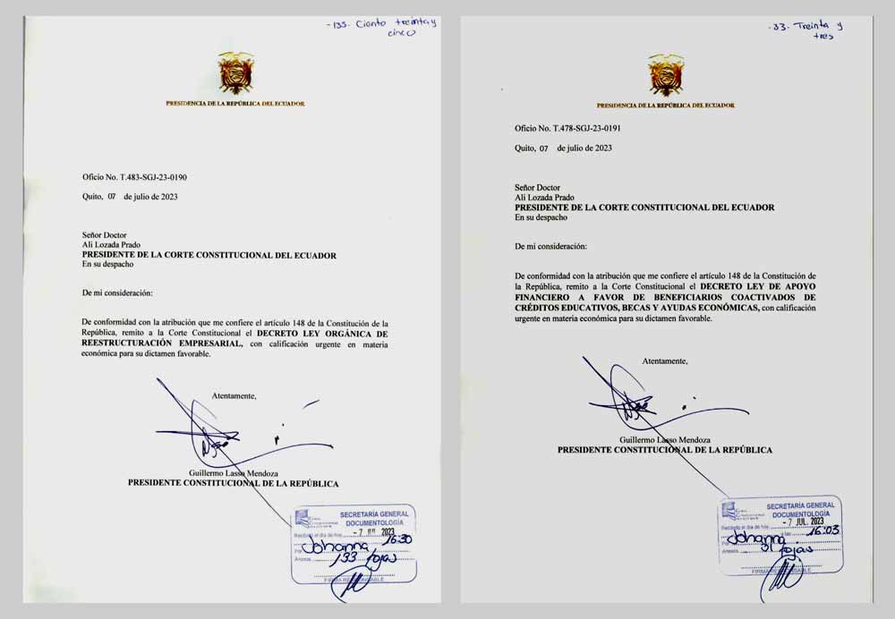 El presidente Lasso envió dos nuevos decretos ley a la Corte Constitucional.