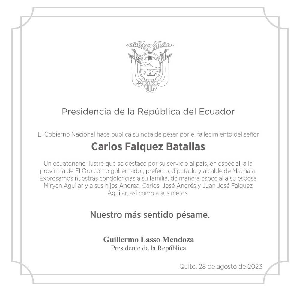 Quiero expresar mi más sentido pésame ante el fallecimiento de Carlos Falquez Batallas. Que Dios lo tenga en su gloria y permita que su familia encuentre resignación y consuelo.