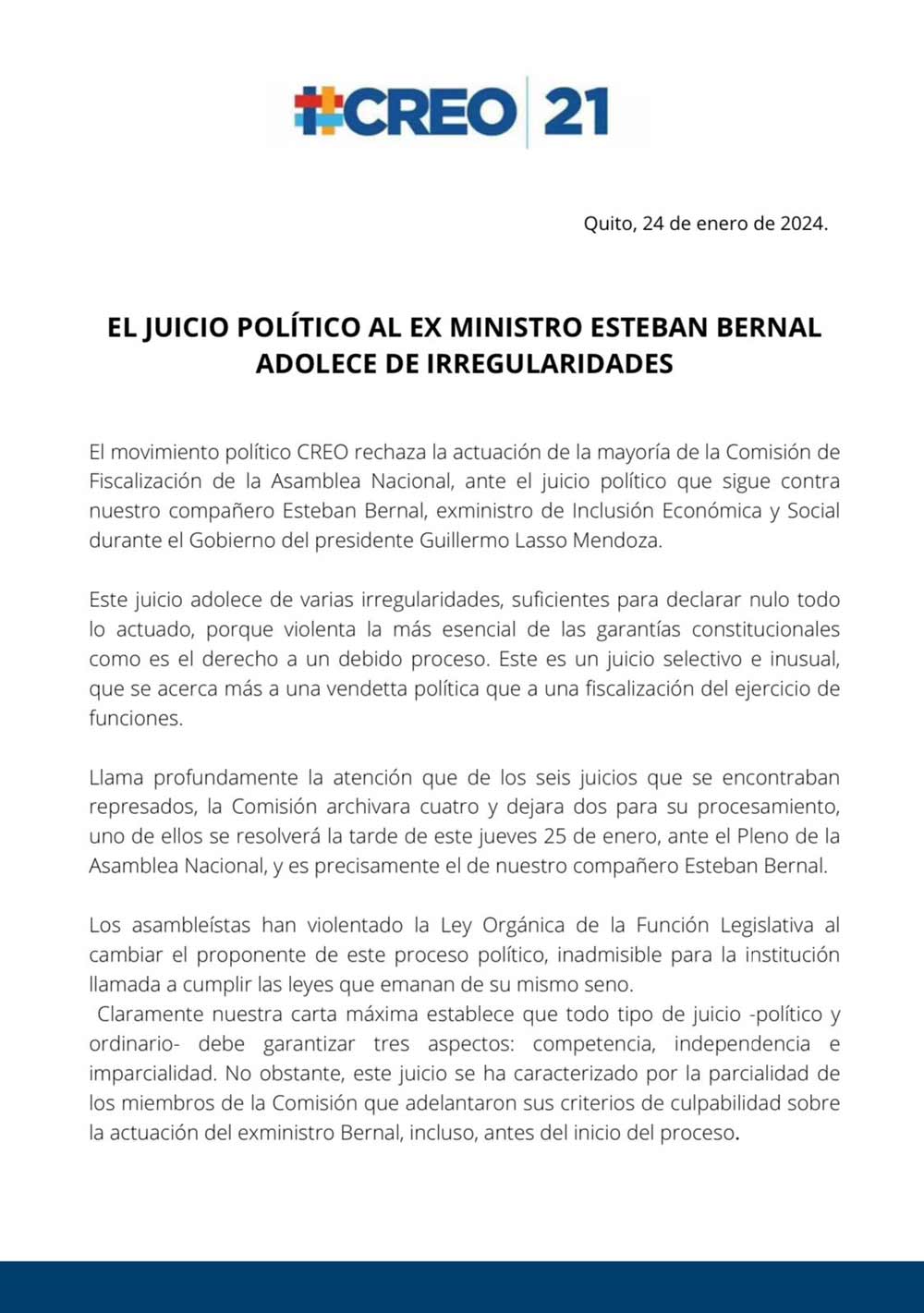El juicio político al ex ministro Esteban Bernal adolece de irregularidades.