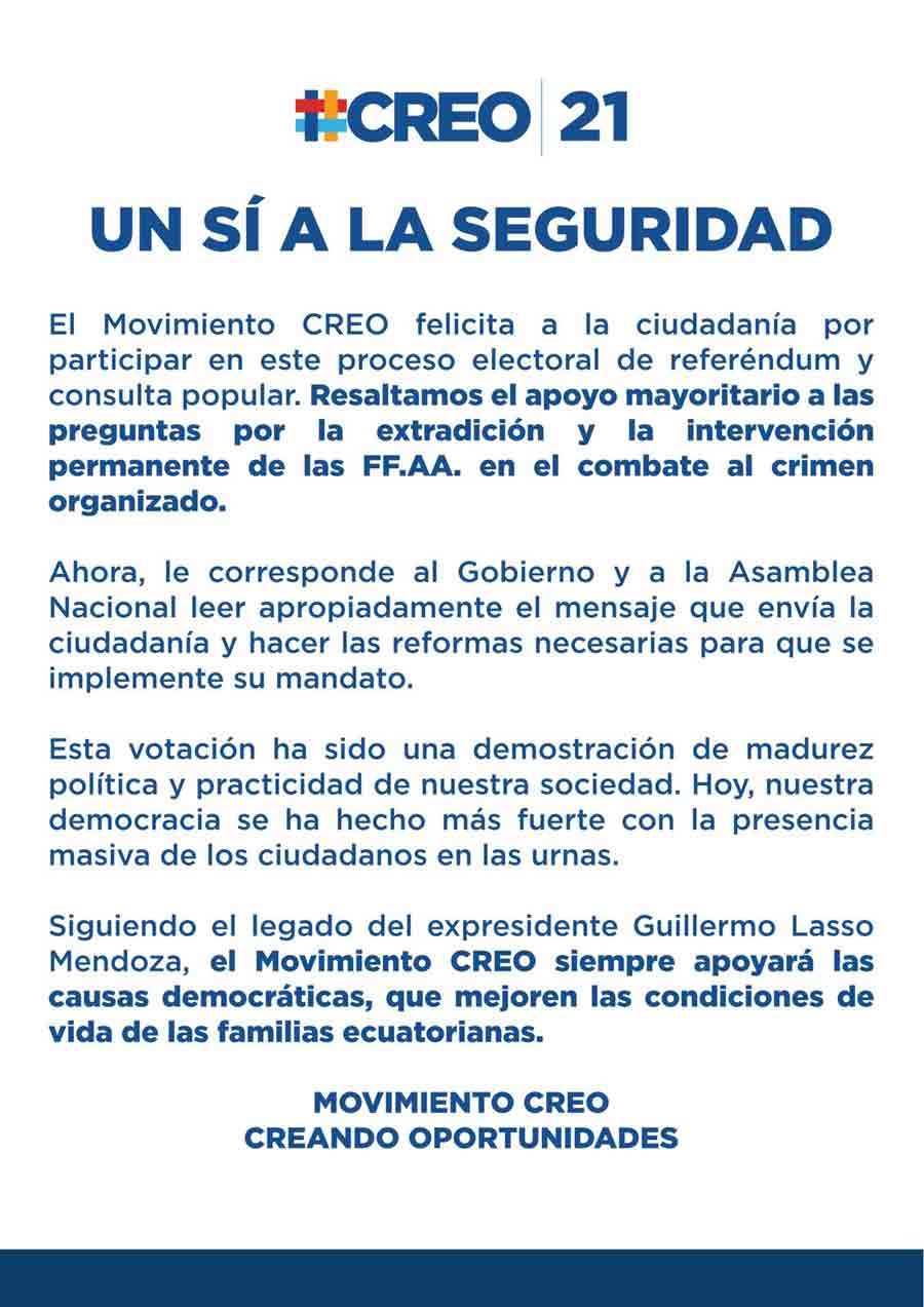 CREO siempre apoyará las causas democráticas, que mejoren las condiciones de vida de los ecuatorianas, siguiendo el legado del expresidente Guillermo Lasso.