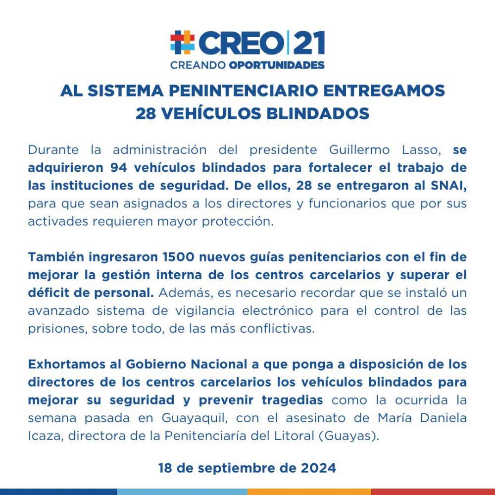 Comunicado Oficial | Exhortamos al Gobierno a que ponga a disposición de los directores de los centros carcelarios los vehículos blindados que se entregaron durante la administración del Presidente Guillermo Lasso.